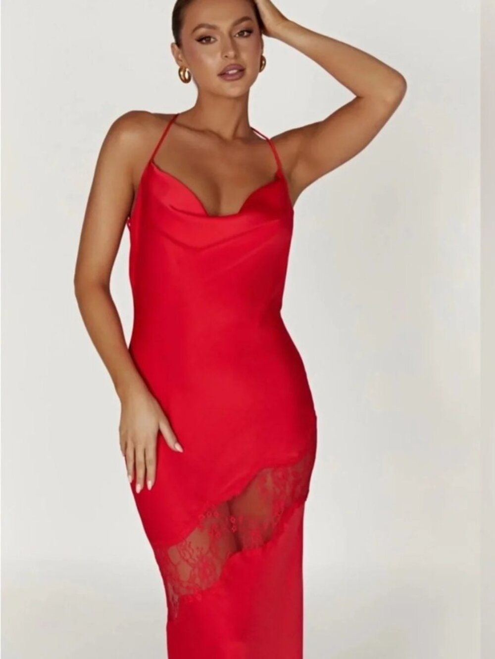 Meshki Chandra Lace Detail Satin Maxi Dress – Red – Size Small
